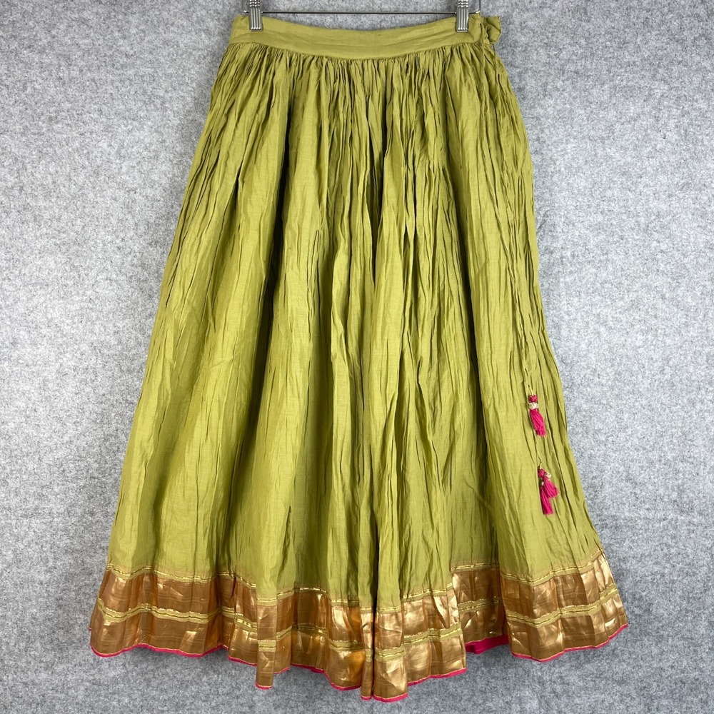 Fabindia Maxi Skirt Womens Small Green Gold Metallic Tassel Gypsy Boho Festival
